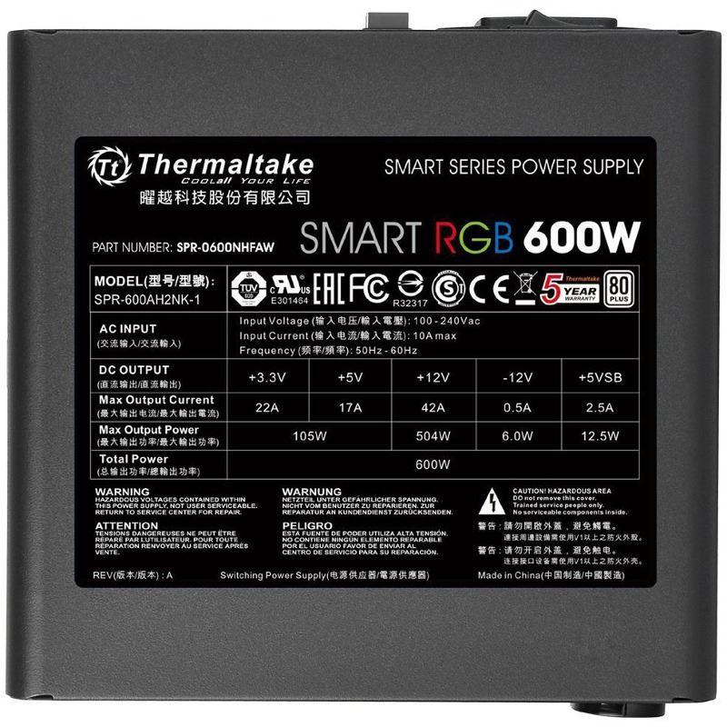 Sursa Thermaltake Smart RGB 600W iluminare RGB, certificata 80 PLUS, - imagine 4