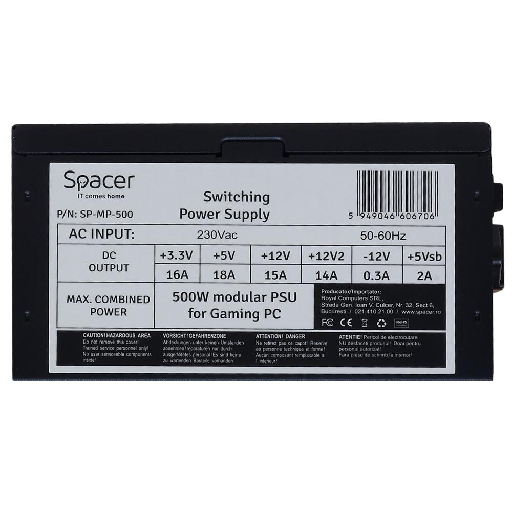 Sursa Spacer ATX Modulara 500W, fan 120mm, 1x PCI-E (6+2), - imagine 3